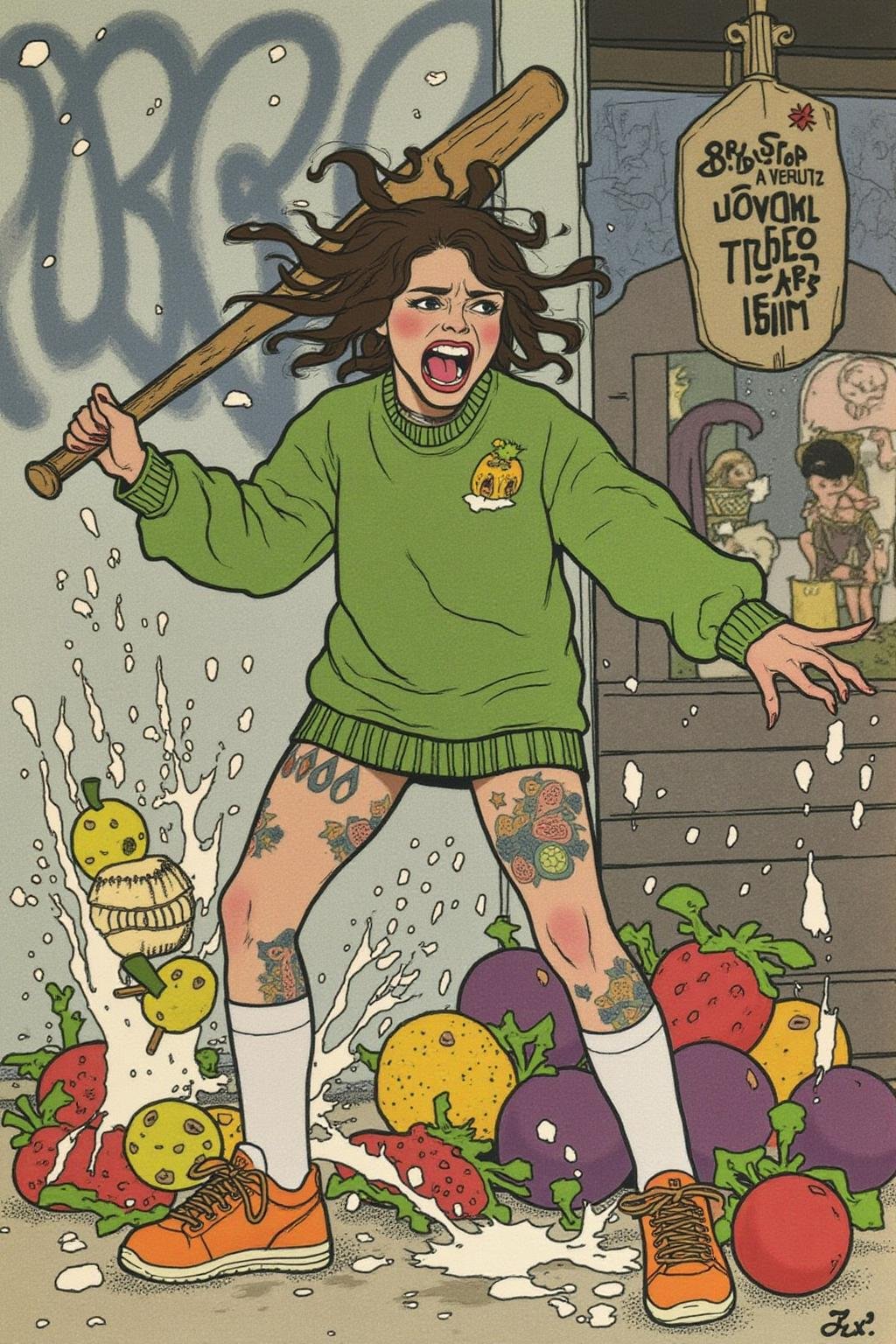ivanbilibin1 illustration. full body,  liquid splash,  cartoonish juicy fruits chaos by NobodyButMeow on Tensor.Art