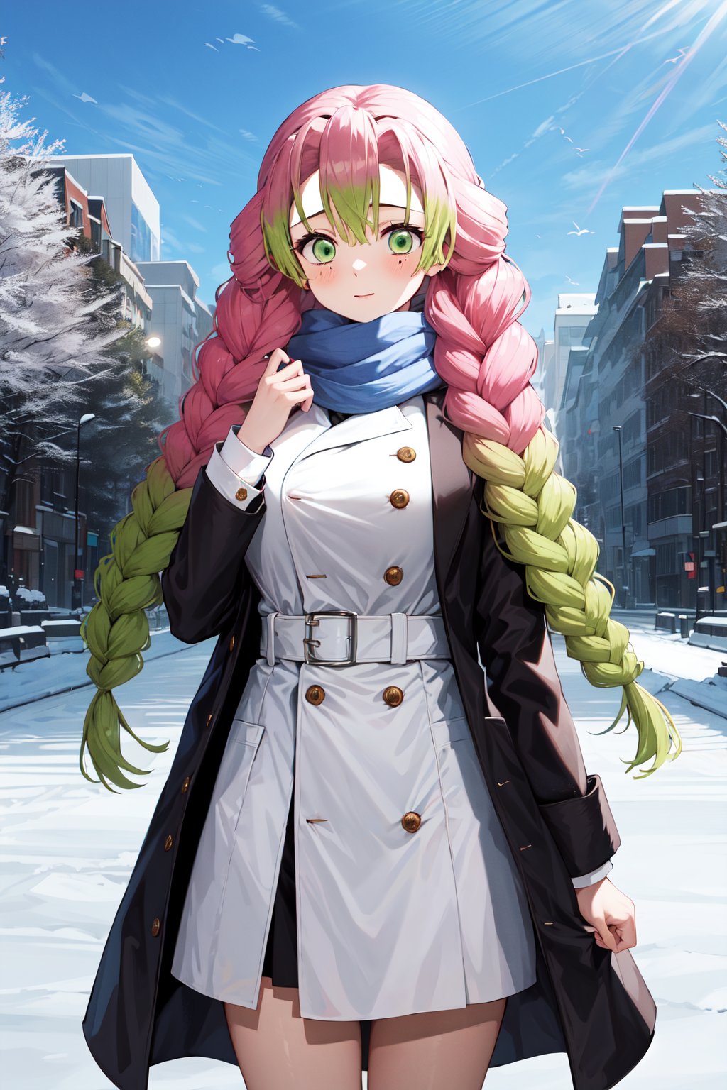 masterpiece, best quality, highres, aamitsuri, long hair, braid, multicolored hair, green eyes, mole under eye, large breasts, <lora:kanroji_mitsuri_v1:0.7>, winter clothes, scarf, park, outdoors,