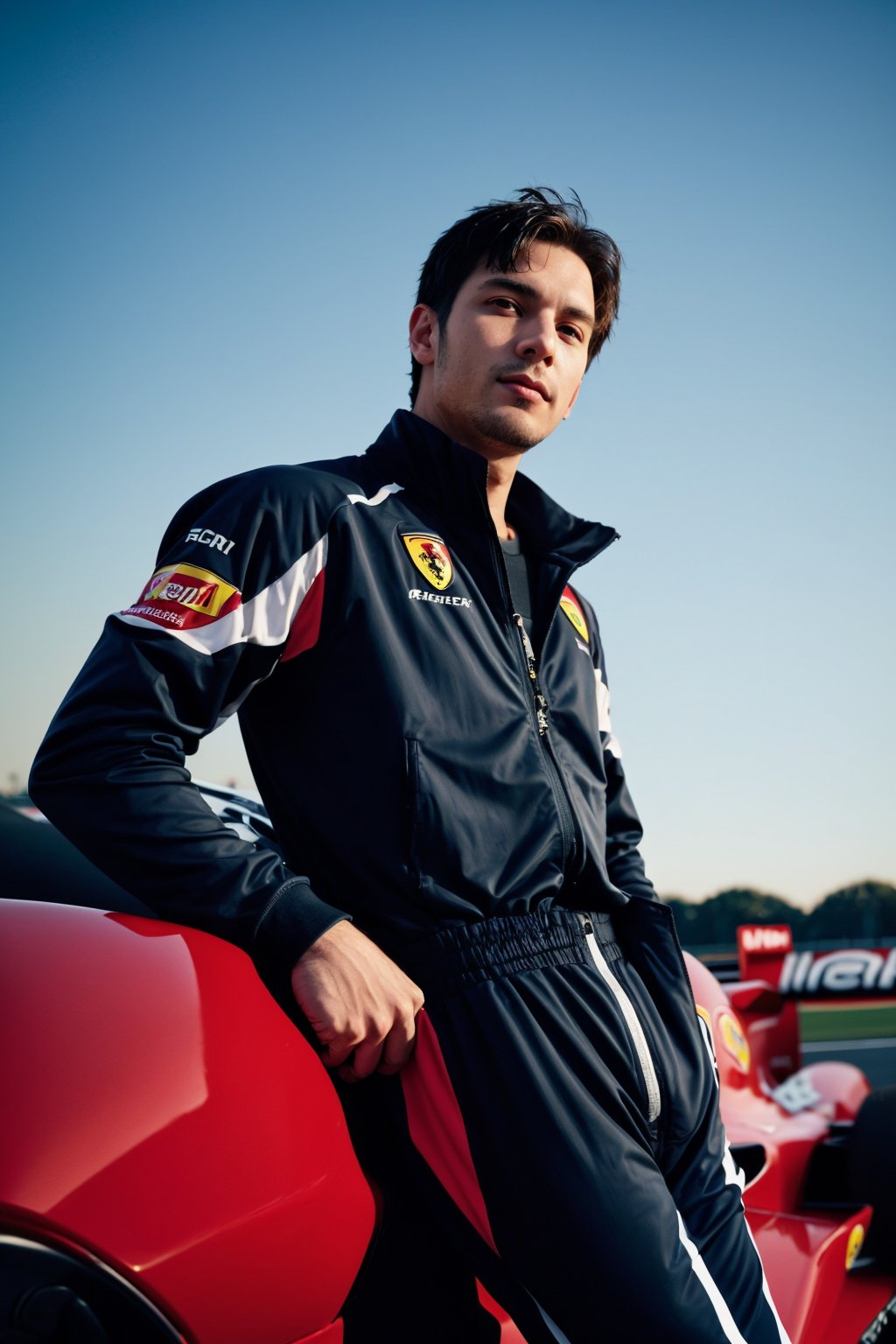 adult man, posing to viewer, solo:1, pov, (face upward:0.37), ferrari F1 background, long shot, full body, sport suit