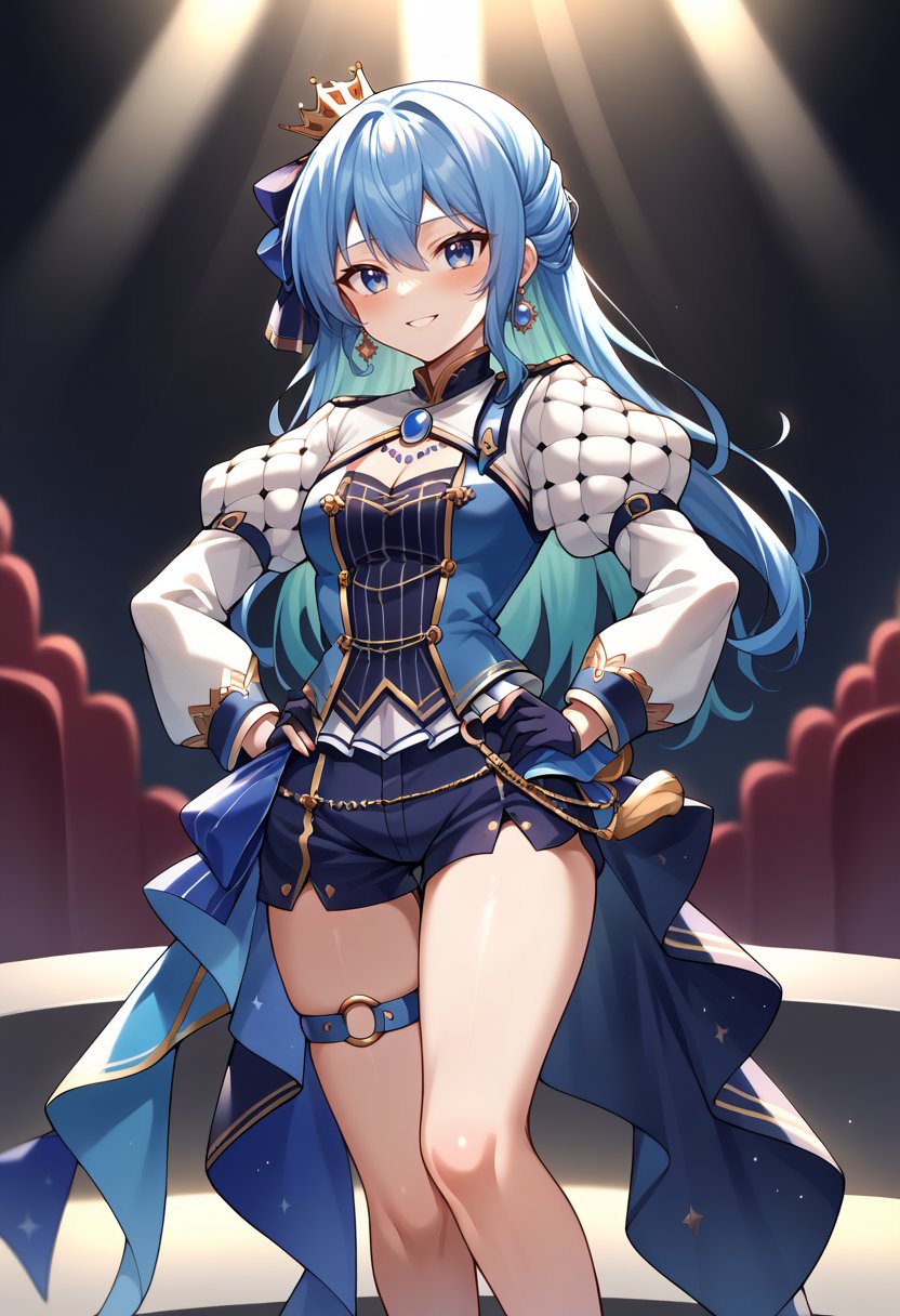 score_9, score_8_up, score_7_up, SuiseiStellar, long hair, half updo, tilted crown, white shrug \(clothing\), juliet sleeves, blue brooch, blue pinstripe shirt, blue vest, half gloves, blue shorts, half-skirt, o-ring thigh strap, single thigh boot, on stage, spotlights, hands on hips, smile, :d, blush, <lora:HoshimachiSuiseiPDXL:1>