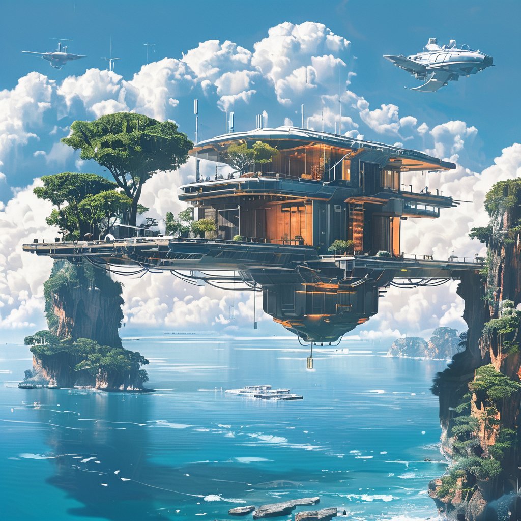 The image showcases a futuristic, elevated cityscape with a prominent house-like structure suspended above the water. The house is multi-tiered with a combination of glass and metallic exteriors. It's surrounded by lush greenery, including trees and plants. Below the house, there's a balcony with a few individuals, possibly enjoying the view. The city is built on a cliff, with other smaller structures and platforms visible. In the sky, there's a flying vehicle, and the backdrop features a vast expanse of water with a few distant islands. The sky is filled with fluffy white clouds, suggesting a clear day..<lora:Dream Home-000008:1>