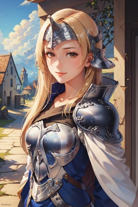 masterpiece, best quality, mathilda, cape, helmet, armor, blue dress, upper body, looking at viewer, serene smile, village, sky, clouds <lora:mathilda-nvwls-v1-000009:0.9>