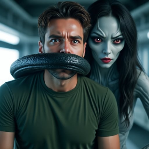 A scene with a man and a beautiful alien woman right behind him. A dark tentacle is coming from the sexy alien with red eyes firmly covers the mouth of the man. The angry man wears a green t-shirt. In the background, there is an out-of-focus bright futuristic laboratory.