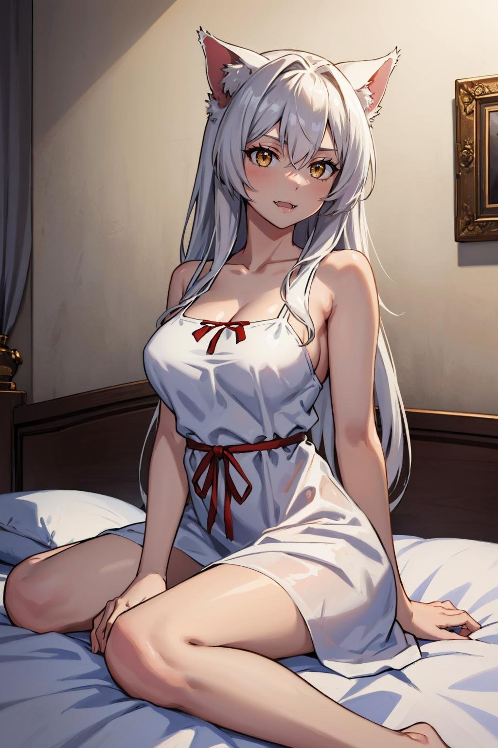 masterpiece, best quality, <lora:blkhanekawa-nvwls-v1-000009:0.9> blkhanekawa, very long hair, cat ears, slit pupils, large breasts, white dress, red ribbon, bedroom, bed, sitting, looking at viewer, fangs