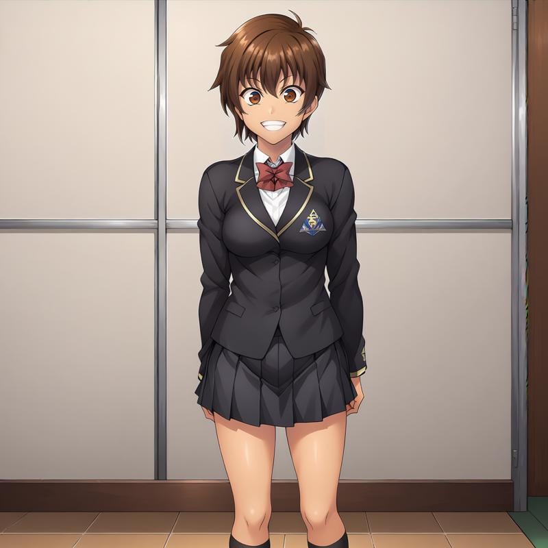 <lora:NagisaFujimaXLpony001>,grin,solo,NagisaFujima,1girl,brown hair,short hair,brown eyes,tan,school_uniform,black blazer,red bowtie,pleated_skirt,black skirt,black socks,full body,standing,