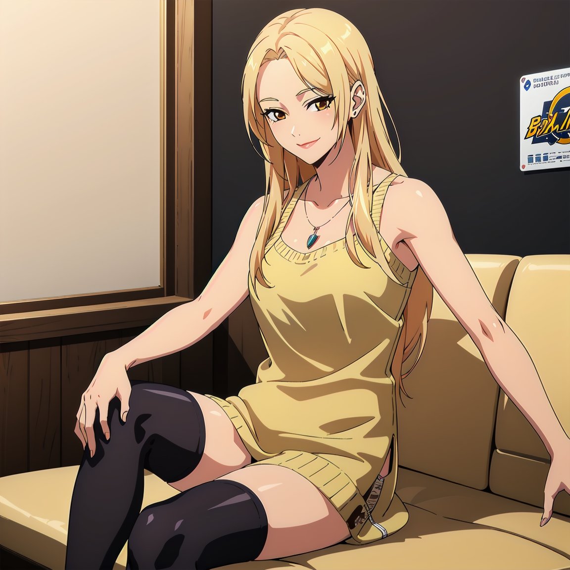 (best quality), ((masterpiece)), (highres), illustration, original, extremely detailed, 1girl, solo, long hair, black hair, thighhighs, jewelry, necklace, smile, bare shoulders, TSUNADE,BLONDE HAIR,YELLOW HAIR,mature_female 