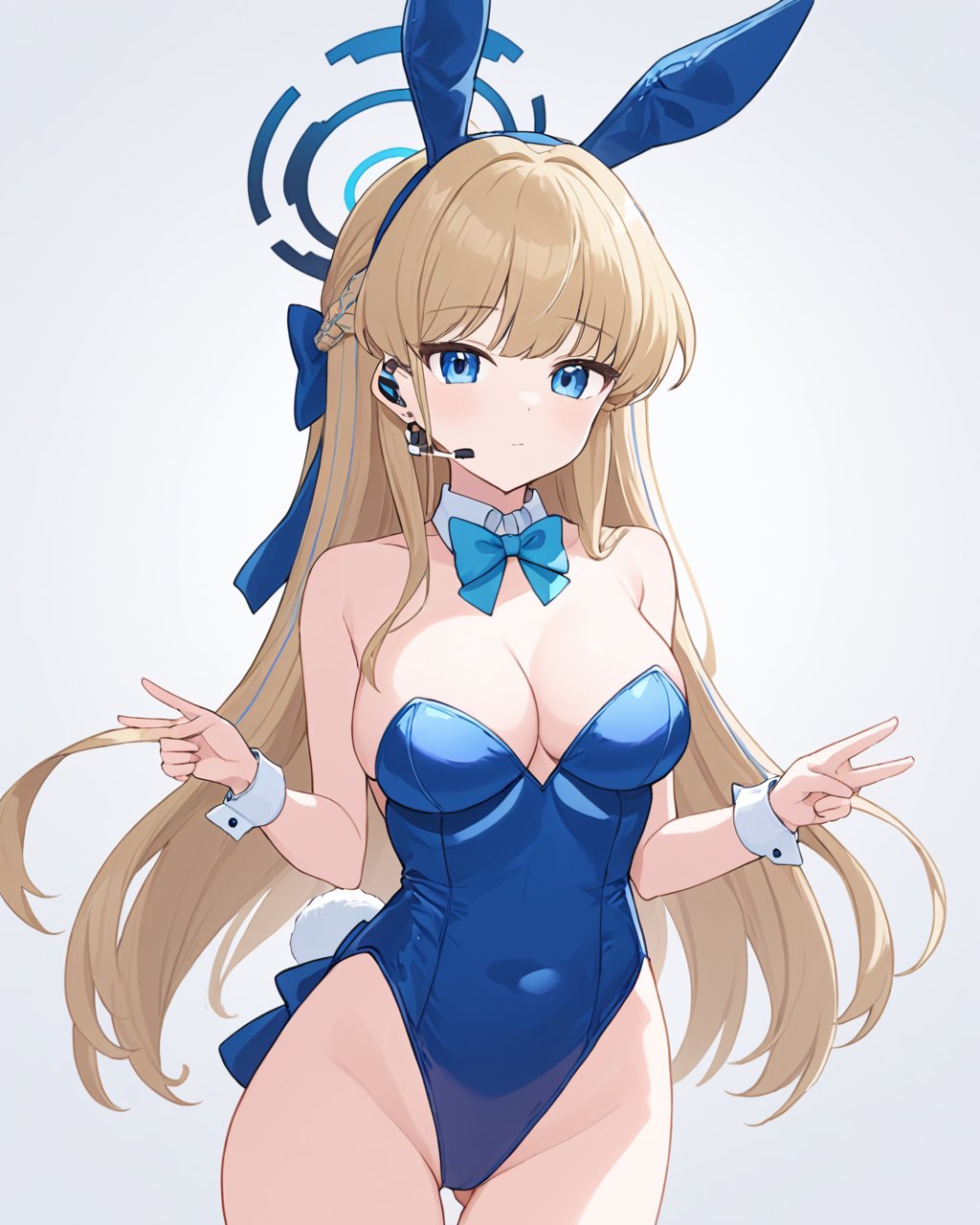 toki \(blue archive\),1girl, solo, halo, playboy_bunny, blue_bowtie, white_background, rabbit_tail, wrist_cuffs, cleavage, simple_background, detached_collar, braid, looking_at_viewer, blue_leotard, medium_breasts, strapless_leotard, bare_shoulders, alternate_costume, fake_tail, closed_mouth, holding, thighs, shadow, earpiece<lora:toki_(blue_archive)_image4932_2023-11-28-000009:1>halo. gorgeous,key visual, vibrant, studio anime,award-winning, professional, highly detailed,high budget, cinemascope