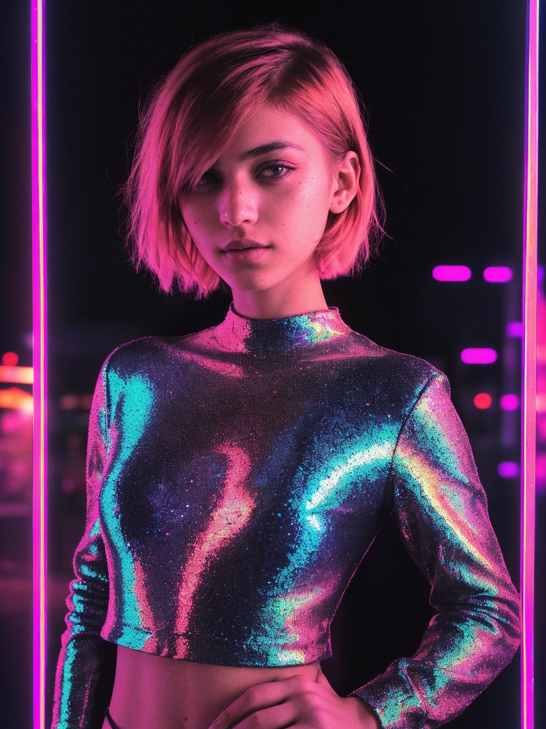 analog photo, dark shot, low key, action, (a intelligent afghan girl, 20 years old:1.1), strawberry blonde pixie bob hair, huge tits, fit, reflections on the wall background, abstraction atmosphere, (prismatic, holographic:1.2), sparkles, neon pixels, (neon light:1.1), chaotic, fashion magazine, (intricate details:0.9), (hdr, hyperdetailed:1.2)