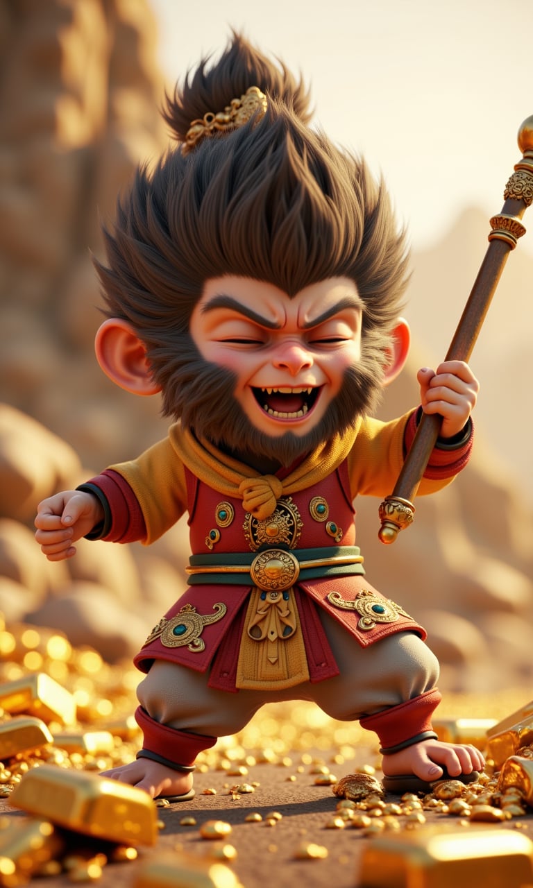 JQZX, Sun WuKong, a wukong kid in a combat uniform, cute q version style, the expression is fierce, cute, 3d rendering, monkey king, holding a metal stick in his hand, simple background, on a mountain full of gold, laughing happily, gold shining, there are gold coins, gold bars, gold bricks