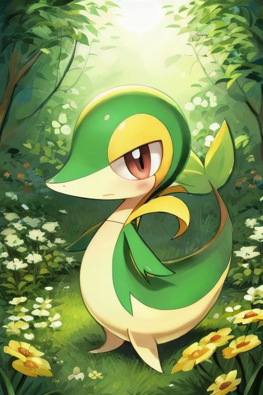 Snivy in a flower field, good lighting, side view, frown, defined tail, pointed snout, beautiful eyes, ancesra art style