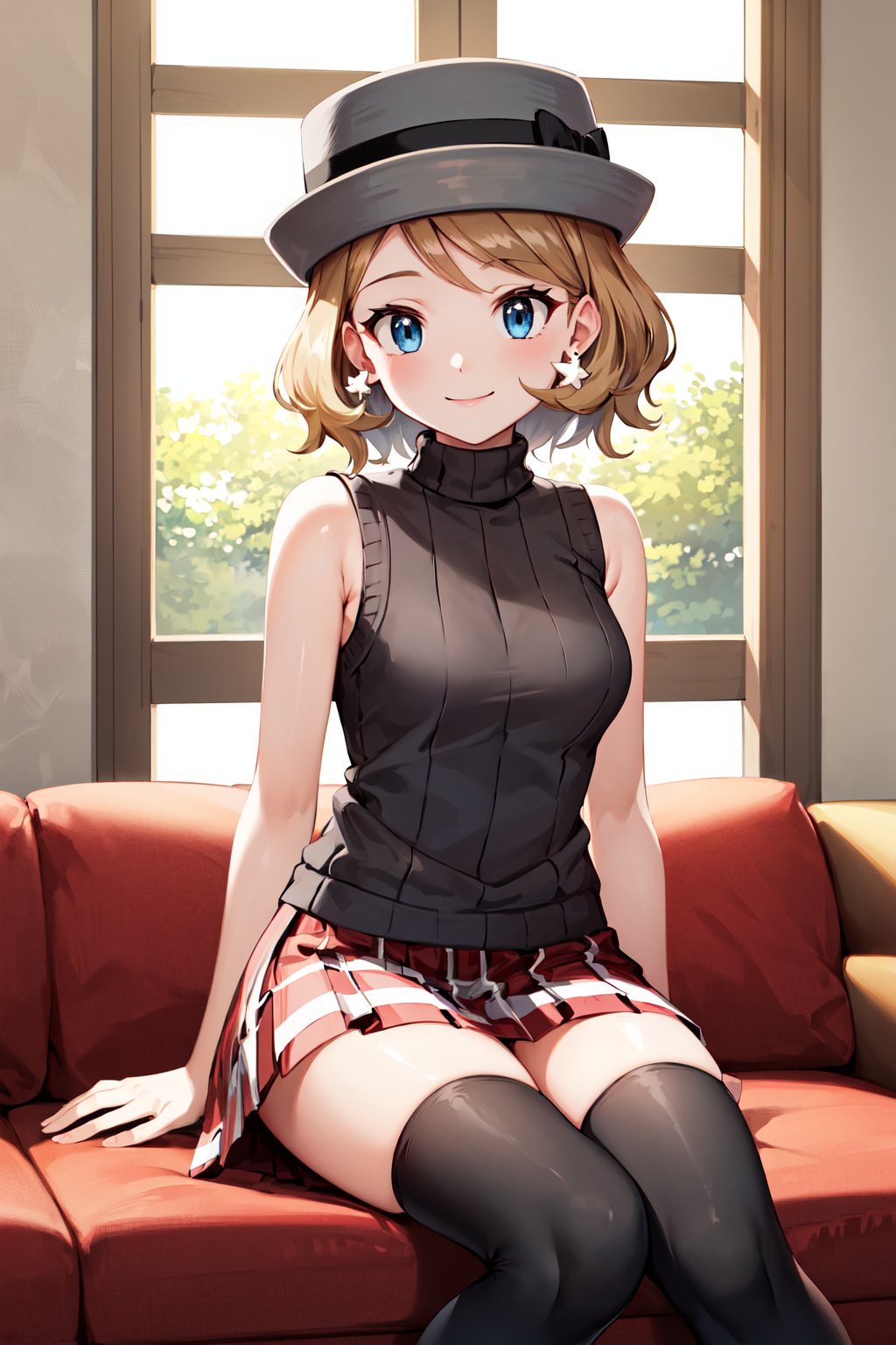 masterpiece, best quality, highres, ccserena, solo, short hair, (grey headwear:1.2), earrings, eyelashes, blue eyes, grey sweater, sweater vest, sleeveless turtleneck, bare arms, plaid skirt, red skirt, black thighhighs, <lora:serena_(pokemon)_v2:0.7>, sitting, indoors, window, smile, sofa, room