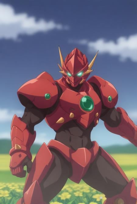 score_9, score_8_up, score_7_up, source_anime, looking at viewer, cowboy shot, 1boy, solo,<lora:HDxDHeroPdxlDwnsty-000004:1>, Ddraig, robot, mecha, glowing, glowing eyes, spikes, red armor, full armor, helmet, mask, green gemstone, muscular, aura, fighting stance, no humans, outdoors, flower field, sun, sunlight, cloudy sky, 