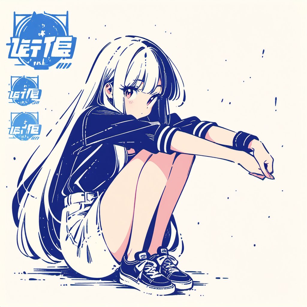 masterpiece, best quality, very aesthetic, absurdres,1girl, long hair, holding legs, <lora:stampsticker:1> (simple retro design, logo, manga style, 2tone),