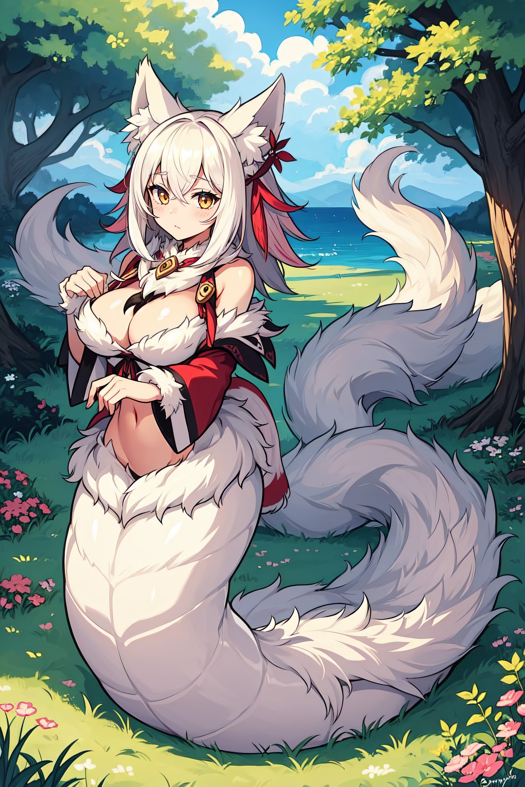 1girl, bunyip, lamia, fur, full body, outdoors,