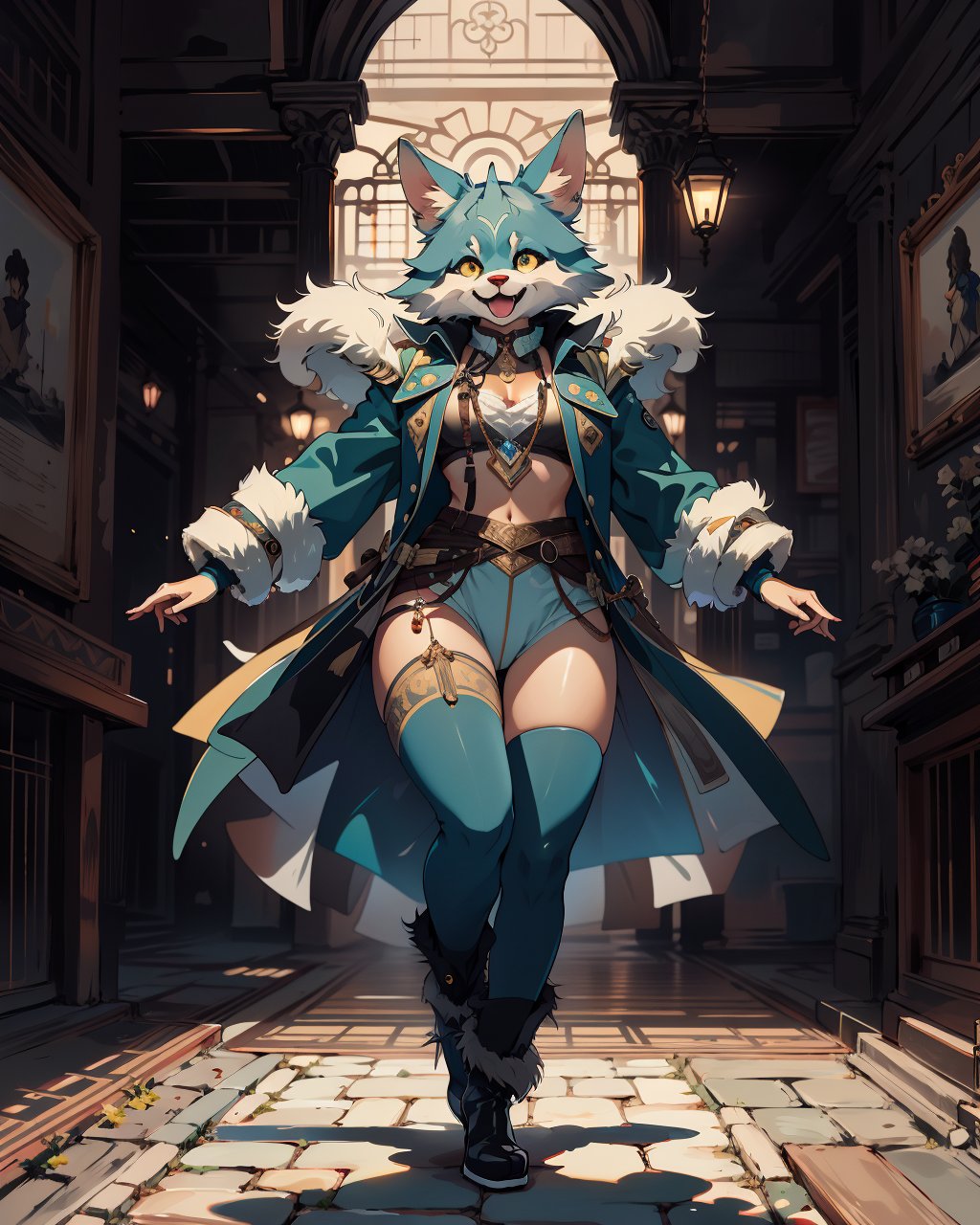 best quality,masterpiece,highly detailed,ultra-detailed,a furry dancing happy,fur pants,paw gloves, fur boots <lora:neg9V2_last:0.5>   <lora:furrytale:1>  