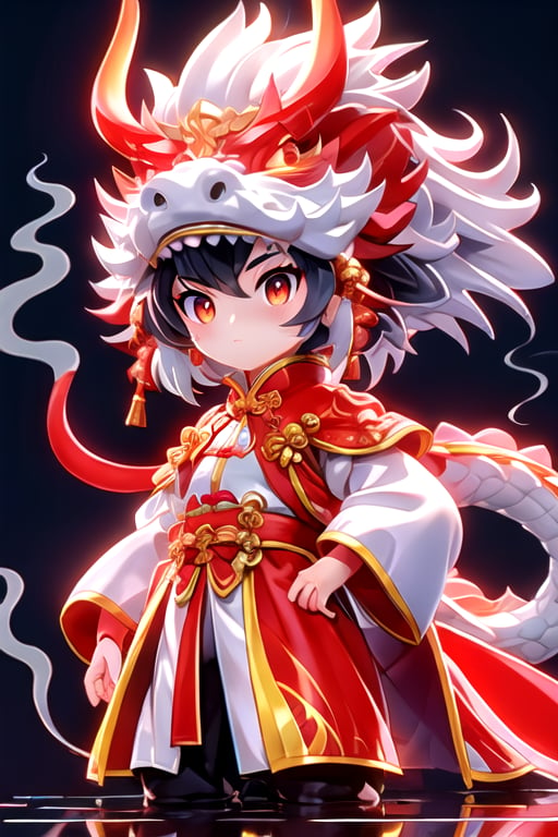 masterpiece,best quality,white crystal shining Dragon,shiny eyes,girl in (red chinese clothes:1.2),smoke,dust,