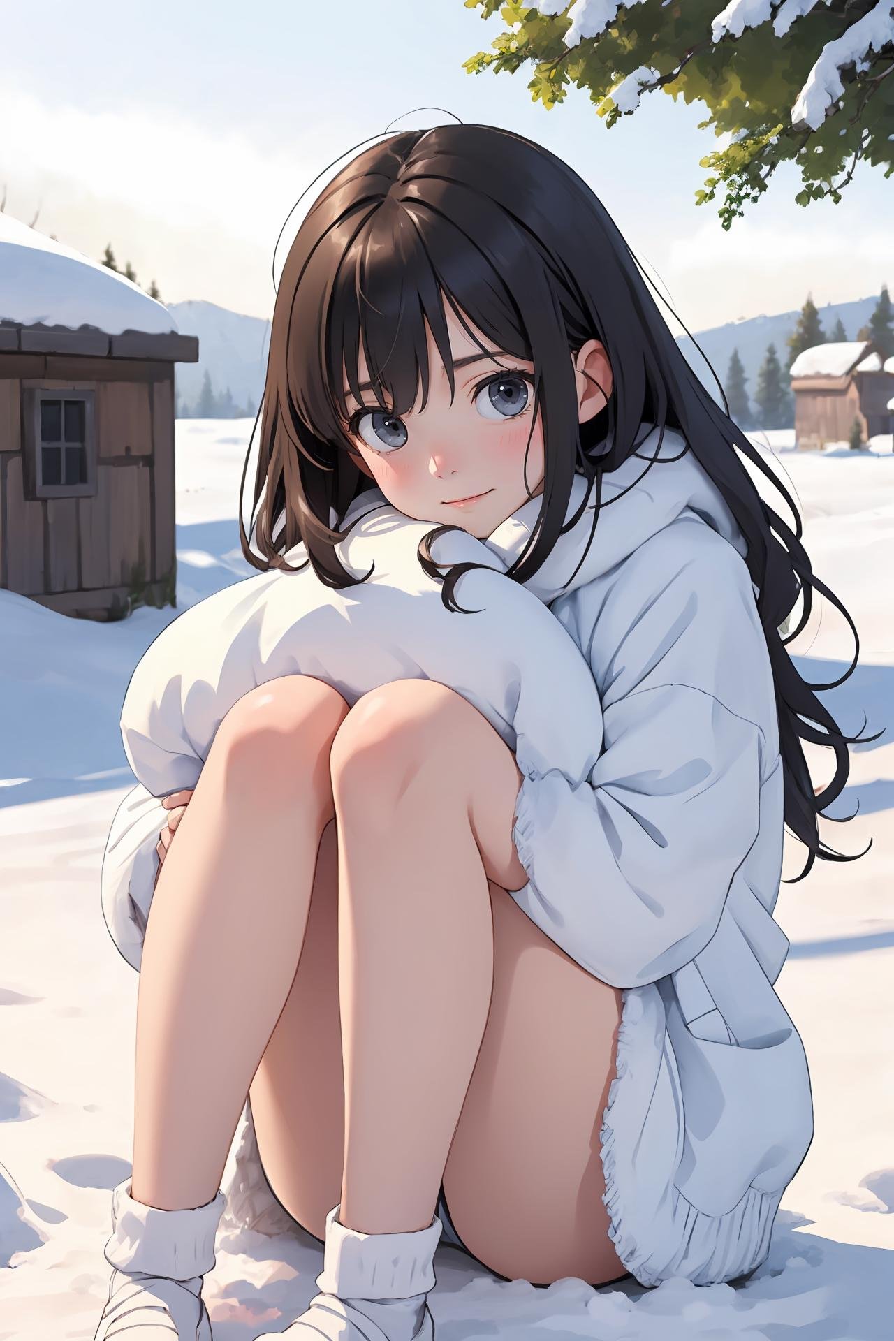 snow,(random emotion),{indoors|outdoors},looking at viewer,(masterpiece, best quality),girl, fringe, (wavy hair:0.8),{standing|sitting|kneeling|knees up},({black|white|ivory|grey|dark|light black} theme),{shy face,curious face|happy face},