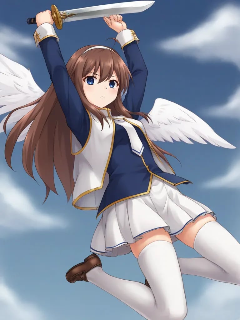 <lora:ceciliatmdspony:0.8>1girl, solo, ceciliamiteids, brown hair, long hair, blue eyes, white hairband, ahoge, blue shirt, long sleeves, white capelet, white necktie, white skirt, white thighhighs, angel wings, sky, clouds, flying, jumping, from below, outstreched wings, looking at viewer, serious, holding, sword