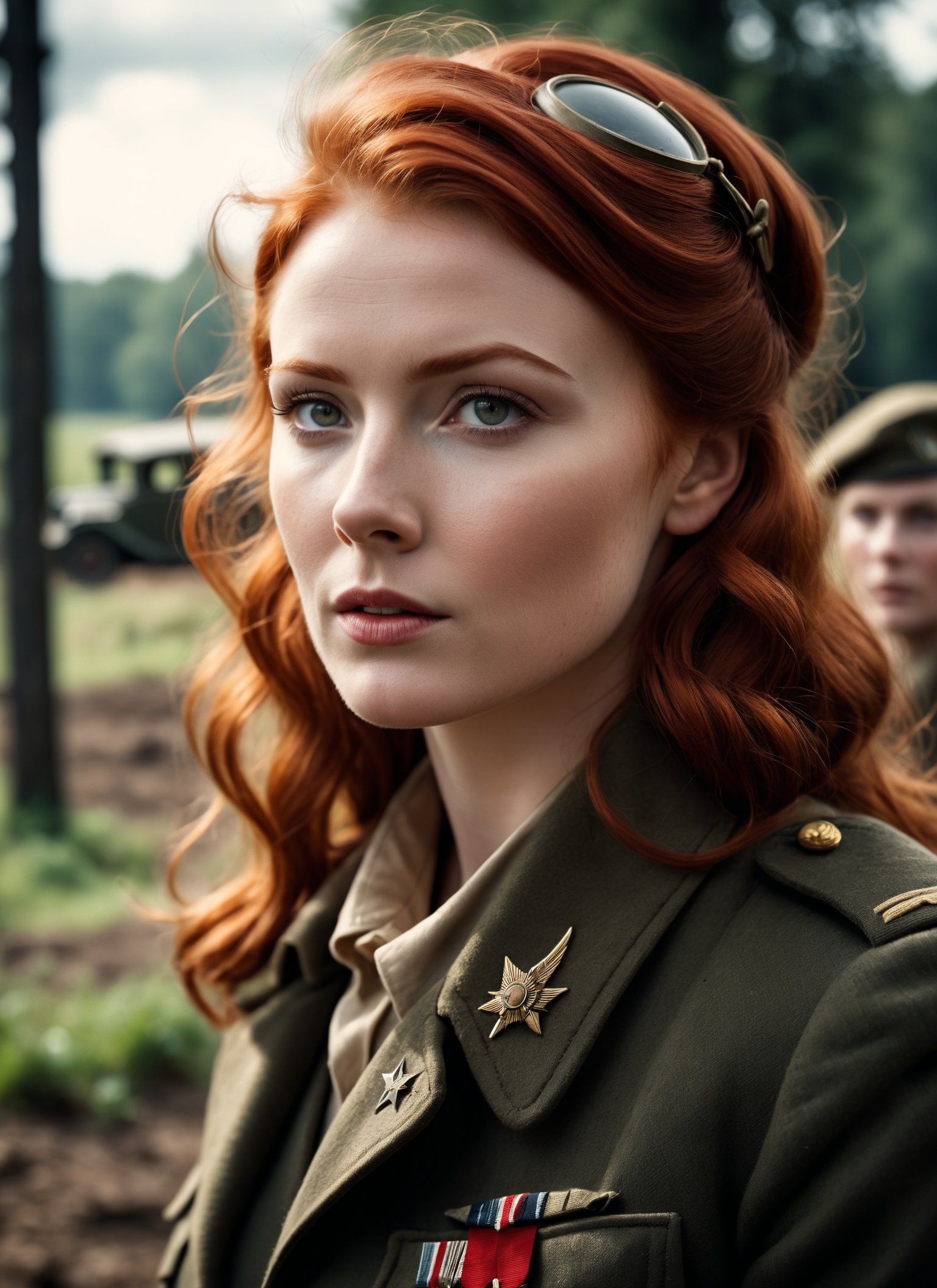 cinematic film still Wide angle photorealistic shot, (Enchanting redhead in wartime drama:1.3), Realistic chaos and conflict, Ray Tracing lighting effects, Detailed realism, (Intense wartime scene:1.2), Unembellished photography, Deep protagonist emotions, Raw authenticity, Top-grade photographic quality . shallow depth of field, vignette, highly detailed, high budget, bokeh, cinemascope, moody, epic, gorgeous, film grain, grainy