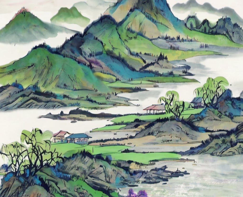 shanshui, outdoors, scenery, mountain, traditional media, pokemon \(creature\), water, day, <lora:山水风景_国画XL:1>, masterpiece, best quality,