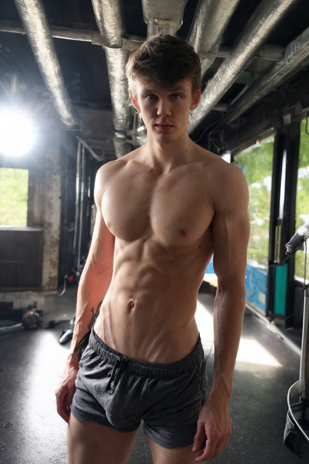 <lora:JeorgV3:1> (Jeorg), twink outside, black shorts, skinny fit, pecs, abs, skinny waist, full lips, bulge, VPL, RAW photo, detailed photo, gorgeous, shallow depth of field, bokeh, vibrant saturated color, volumetric lighting, iridescent skin, (surreal:0.4), hyper detailed photorealistic life-like accurate proportional 8k sharp focus, (accurate cinematic lighting), photorealistic detail, (selective focus:0.6)   <lora:add_detail:0.8>  