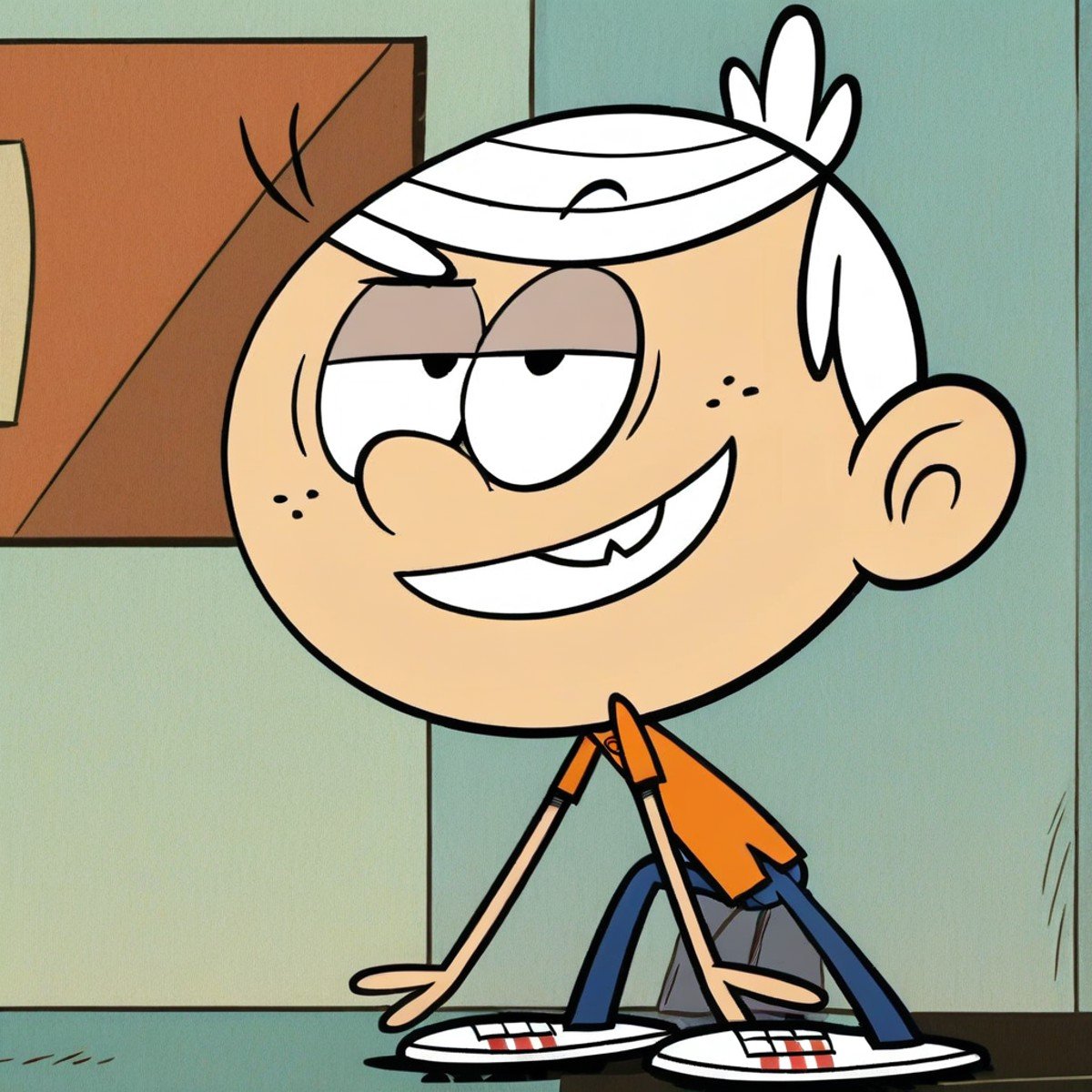 Lincoln Loud, 1boy, light skin, light skinned male, white hair, black eyes, orange polo shirt, blue pants, freckles, black freckles, round ear, white shoes with red stripes, chipped bucktooth, open mouth, mouth open, grin, big grin, wide grin, smug, smug face, showing teeth, black eyebrows, eyelids lowered, one eyebrow raised, right eyebrow raised, one eyebrow lowered, left eyebrow lowered, eyes half open, eyes half closed