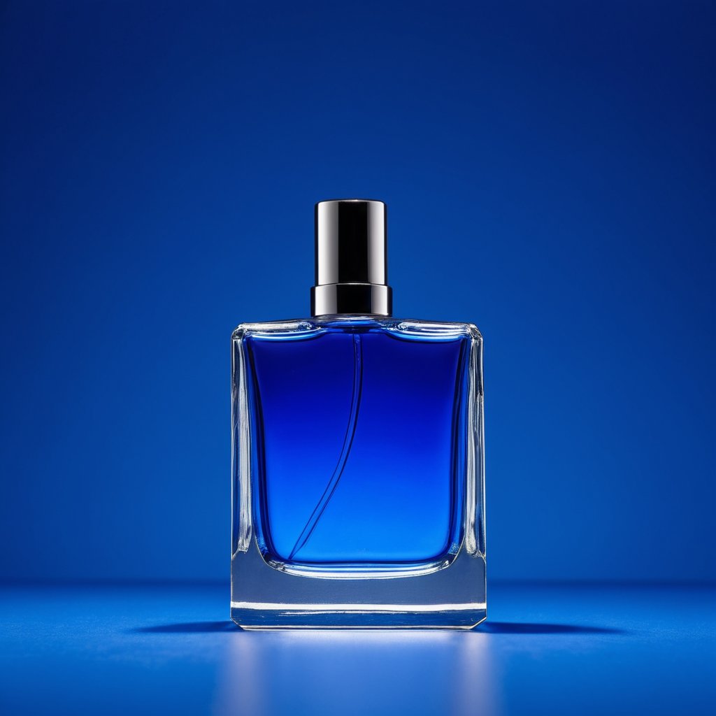 a glass perfume bottle on a bold monochrome cobalt blue background,  color-drenched blue-on-blue styling,  soft even studi...