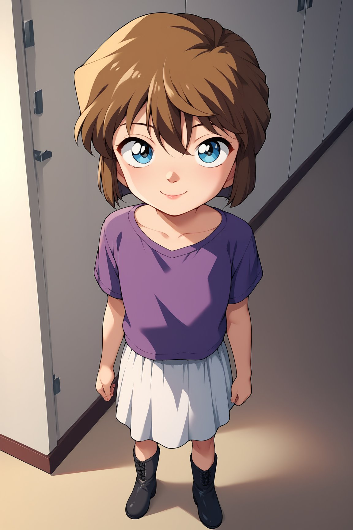 score_9, score_8_up, score_7_up, score_6_up, score_5_up, score_4_up, AiHaibaraDCXL, child, retro artstyle, big eyes, blue eyes, brown hair, hair between eyes, short hair, flat chest, collarbone, purple shirt, short sleeves, white skirt, black boots, solo, standing, seductive smile,, looking at viewer, indoors <lora:AiHaibaraDCXL:0.8>