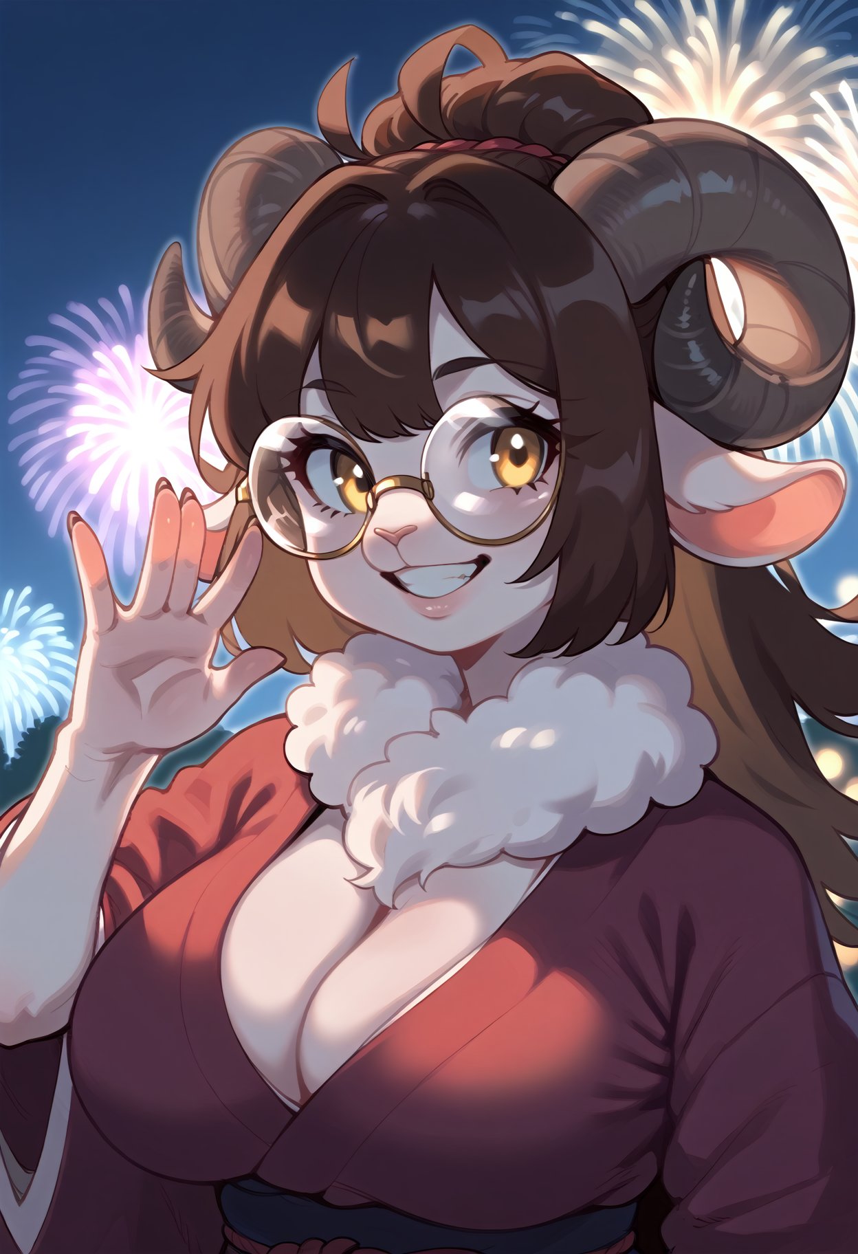 score_9, source_furry,bovid, caprine, mammal, sheep, anthro, brown hair,chest tuft, cloven hooves, curved horn, eyewear, female, fur,  glasses, hair,  horn,  round glasses, tuft, white body, white fur, yellow eyes, grin, japanese_clothes, large breasts, long_hair, looking_at_viewer, parted_lips, smile, solo, teeth, fireworks, upper body, waving,