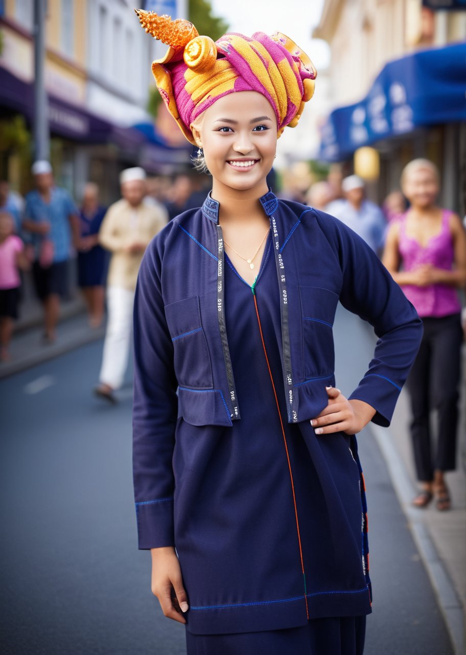 cinematic film stillFull body shot,photo of a 19 year old blonde nordic woman, standing on a busy street in their capital city, navy blue paoh traditional dress, turban, rokiah dress, highly detailed skin with hair,  perfectsmile smile,fit,abs,bright light,hard shadows, shallow depth of field, vignette, highly detailed, high budget Hollywood film, cinemascope, moody, epic, gorgeous, <lora: rokiah_dress:0.9>