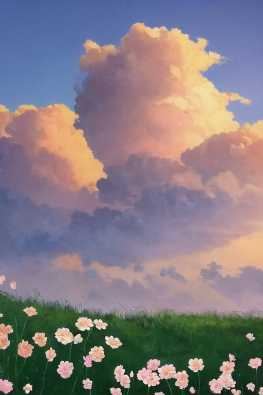 (((masterpiece))),((extremely detailed CG unity 8k wallpaper)),best quality,high resolution illustration,Amazing,highres,intricate detail,(best illumination, best shadow, an extremely delicate and beautiful),acrylic painting,1girl,painting \(medium\),sky,cloud,flower,<lora:acrylic_painting:0.8>,