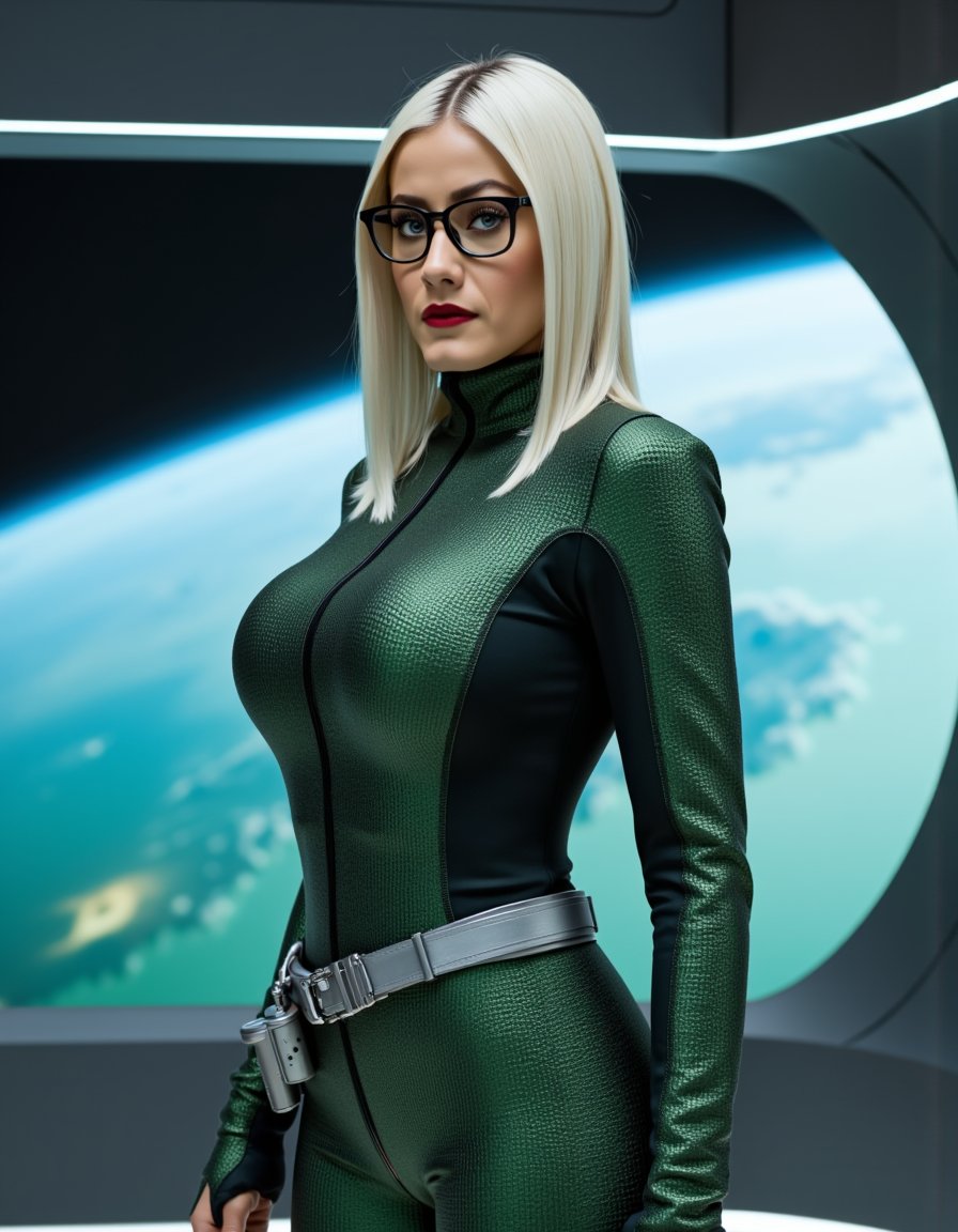 8k hdr A Photograph of a star fleet officer on a space station the officer straight white hair with dark roots that falls...
