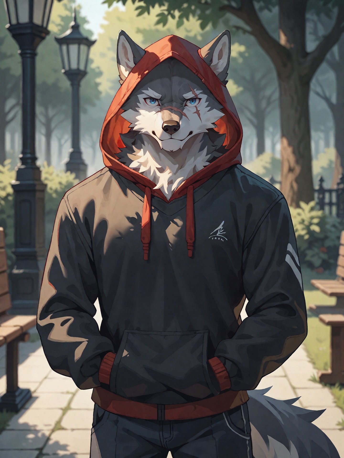 canid,canids,wolf,by zixiong, masterpiece,best quality,anthro,solo,looking at viewer,stand,anime style,outdoors,park,standing,((beautiful blue eyes, furry, Wolf, grey fur, grey body, scar on eye)),(Black Hoodie, Red Hood, TechWear Clothing),(((solo))) BREAK score_9_up,score_8_up,score_7_up,score_6_up,score_5_up,score_4_up