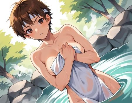 score_9, score_8_up, score_7_up, source_anime,sakurakasugano, <lora:sakura-kasugano-ponyxl-lora-nochekaiser:1>,sakura kasugano, brown eyes, brown hair, short hair,nude, naked, outdoors, onsen, towel, naked towel, steam, bathing, nude cover, partially submerged, water, bath, steam censor, wet towel,looking at viewer, dutch angle, cowboy shot,