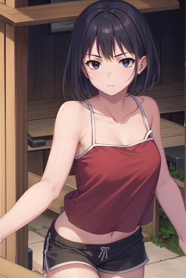 keikosanjou, <lora:keiko sanjou s1-lora-nochekaiser:1>,keiko sanjou, short hair, black hair, (black eyes:1.5),BREAK shorts, black shorts, camisole, bare shoulders, collarbone, (red camisole:1.5),BREAK outdoors, shrine,BREAK looking at viewer, (cowboy shot:1.5),BREAK <lyco:GoodHands-beta2:1>, (masterpiece:1.2), best quality, high resolution, unity 8k wallpaper, (illustration:0.8), (beautiful detailed eyes:1.6), extremely detailed face, perfect lighting, extremely detailed CG, (perfect hands, perfect anatomy),