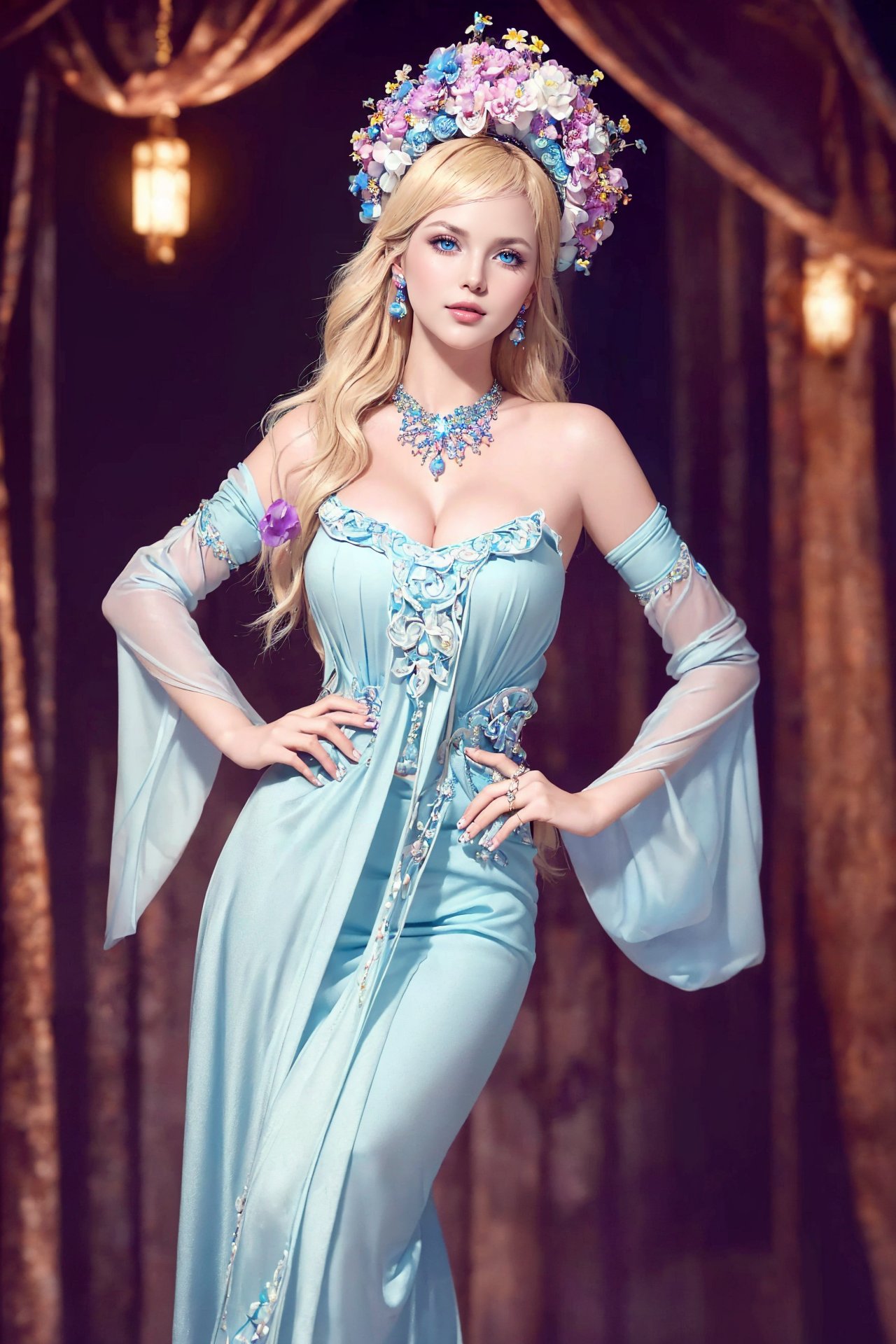 (((Best quality, masterpiece, ultra high res, ultra-detailed, ultra realistic, depth of field, film grain))), (portrait shot ), (((fantasy background))), 1girl, (((flowers headband))), (smile), happy, (((hands on hip ))), (((princess outfit))), (((wear seductive costume))), ((light blonde hair)), graceful neck and shoulders, (((large  breasts))), perfect body, big butt, wide hip, thigh highs, beauty legs, dreamy blue eyes, (glossy lips):1.5, (close lips):1.5, detailed skin texture, (((looking at viewer))), hair ornament, necklace, earrings, rings, mystery, majestic, scenery, exquisite, stunning, delicate, elegant, glowing, graceful, charming, alluring, seductive, erotic, enchanting, mesmerizing, femininity, ethereal, shiny, (((rimlight, perfect shadows, gorgeous light and shadow, stunning environment, subsurface scattering, sharp focus, extravagant and vivid composition, meticulously staged framing, focus on intricate details, vibrant and surreal colors))), <lora:Flowers Headband PS-000006:0.7>, ([🇺🇸:🇰🇷:0.5]),lady,symmetrical face