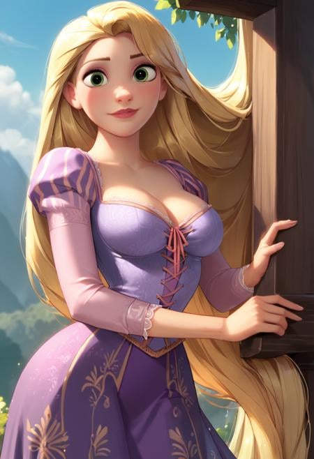 masterpiece,best quality, highly detailed, score_9, score_8_up, score_7_up, score_6_up,source_Anime,<lora:xl_more_art-full_v1:0.8>,BREAK <lora:rapunzelXL:0.8>rapunzel,1girl, long hair, blonde hair, solo, dress, green eyes, very long hair, large breasts,looking at viewer,  