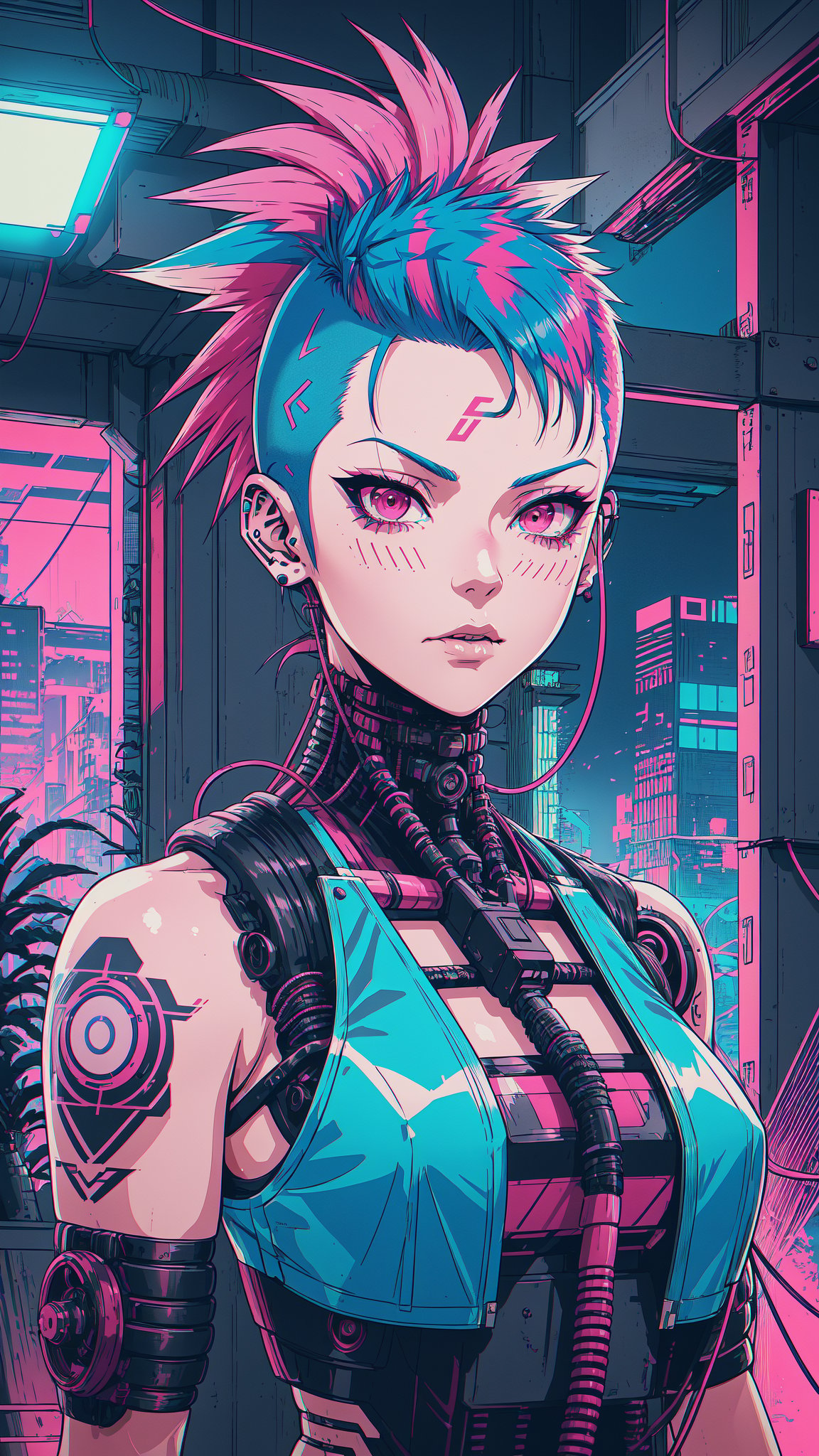 Virtual Realism, A girl with short multicolored pink teal and blue hair faux hawk style, red eyes, outdoors, cyberpunk city, she has shaved hair, mohawk style","wallpaper, 1boy, solo, male focus, tattoo, monochrome, cyberpunk, (chromatic aberration), detailed background, mechanical parts, cable, indoors