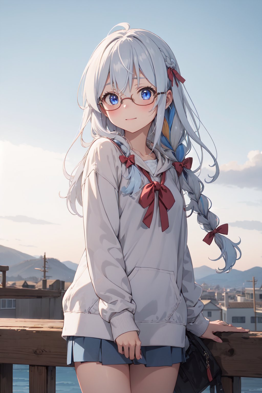 (masterpiece:1.3), (absurdres:1.3), (best quality:1.3), (ultra-detailed:1.3), 1girl, outdoor, scenery, full body, evening, gradient background, hoddie, bespectacled, glasses, gradient, mountainous horizon, <lora:elaina-ph_64:1>, ph elaina, Eoutfit4, elaina (majo no tabitabi), solo, long hair, bow, blush, bangs, hair between eyes, blue eyes, hair bow, shiny hair, sidelocks, hair tubes, white hair, single braid, shiny, hair ribbon, anime color,