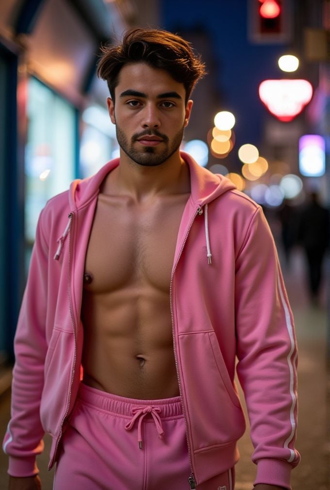 Jules Bouyer ,  realistic photo in a worn ((skin-revealing skimpy erotic pink tracksuit,  massive pecs)) by HottiesnHottie...