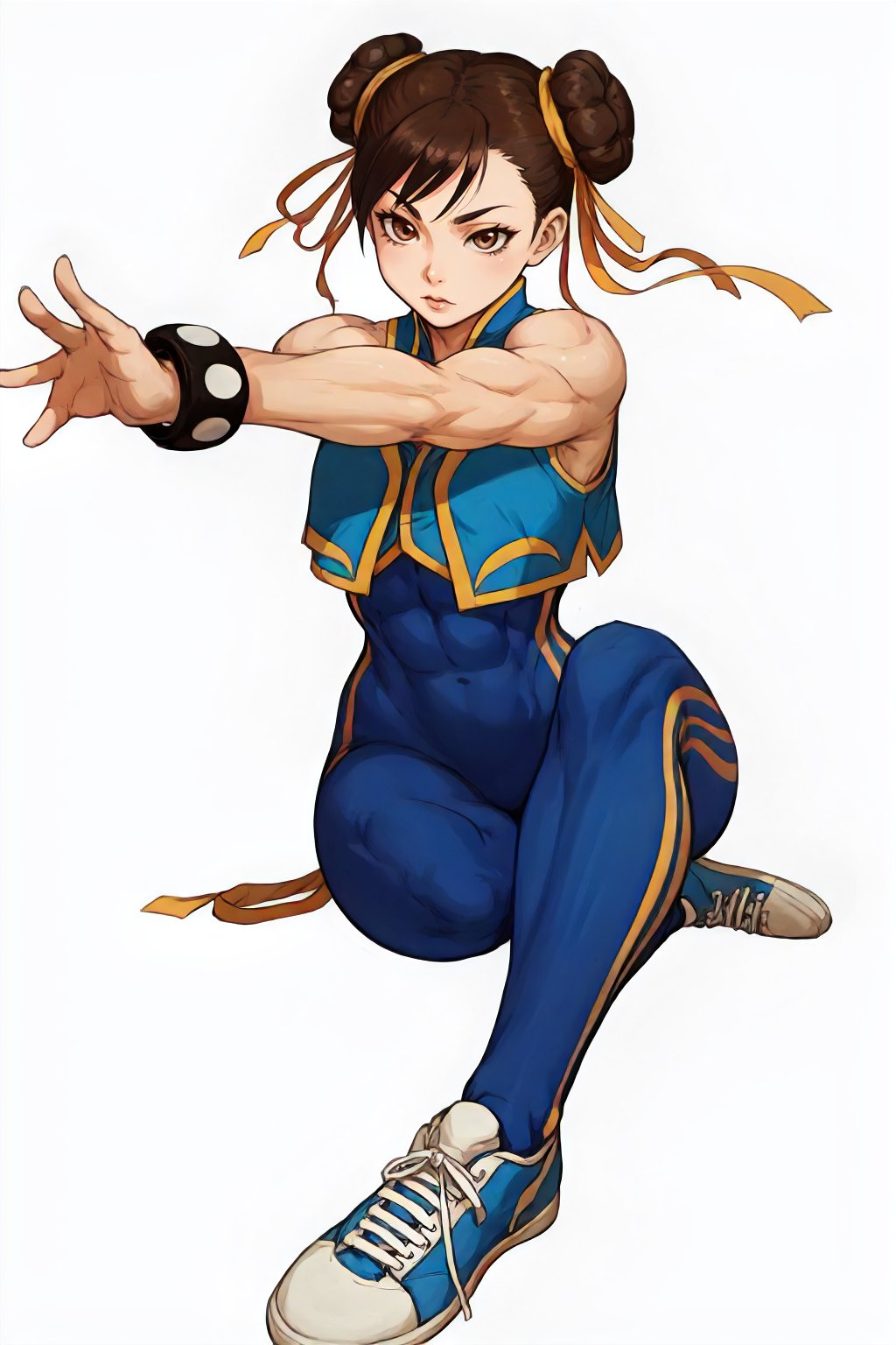 <lora:Alpha_Chunners-DEF:0.7> alphachun, solo, brown eyes, muscular female, bodysuit, side stripes, vest, bracelets, double bun, ribbons, streching on the floor, sneakers, white background, perfect, sharp, masterpiece, detailed, high resolution, best quality,