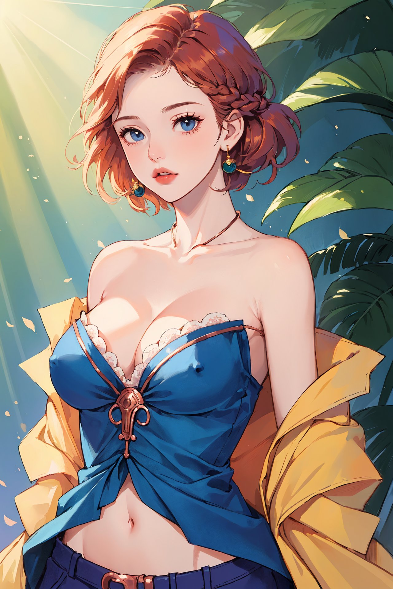 (masterpiece,best quality,ultra realistic:1.5), ( short hair , box braids, Copper hair:1.1), portrait BREAK(girl, cleavage, bare shoulder:1.2), top less, nipple, dark indigo cap and gown, summer, 😨, Sunrays shine upon it, navel focus <lora:fashigirl-v5.5-lora-naivae-64dim:0.3><lora:light6:1.0><lora:light6:1.0>