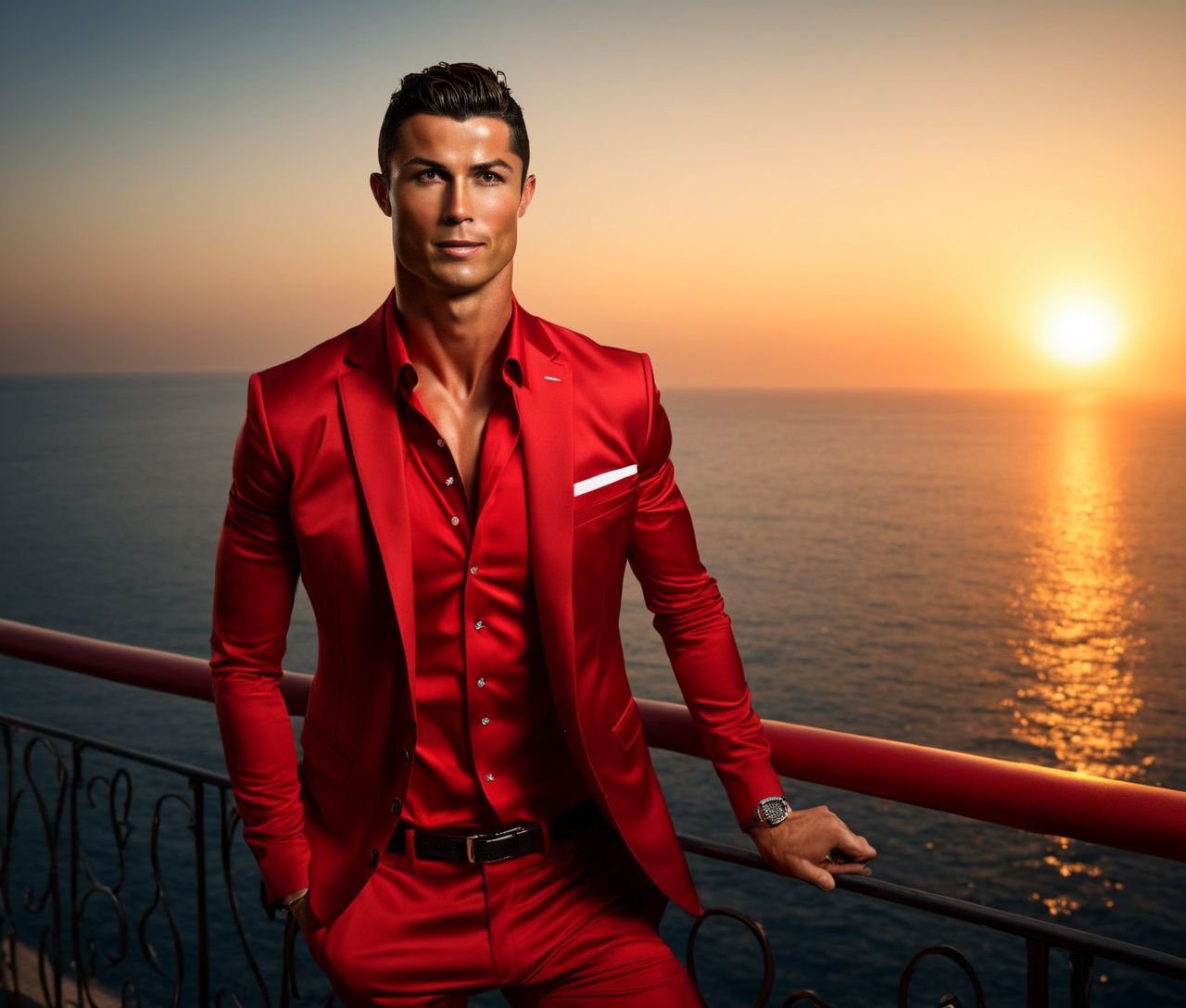 Nautical-themed of Cristiano Ronaldo a man ,  in a red suit standing on a balcony,  handsome man by HottiesnHotties on Ten...
