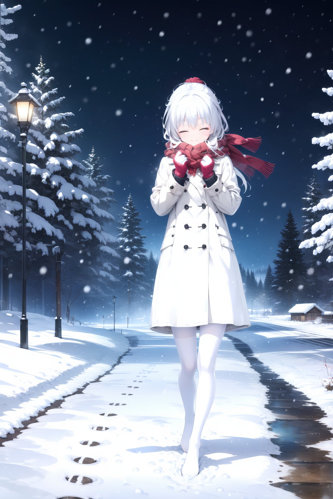 (masterpiece),(best quality),illustration,ultra detailed,hdr,Depth of field,(colorful),1girl,solo,scarf,red scarf,coat,snow,closed eyes,white hair,outdoors,tree,long hair,winter,smile,white coat,snowing,barefoot,full body,facing viewer,long sleeves,white pantyhose,mittens,night,standing,footprints,