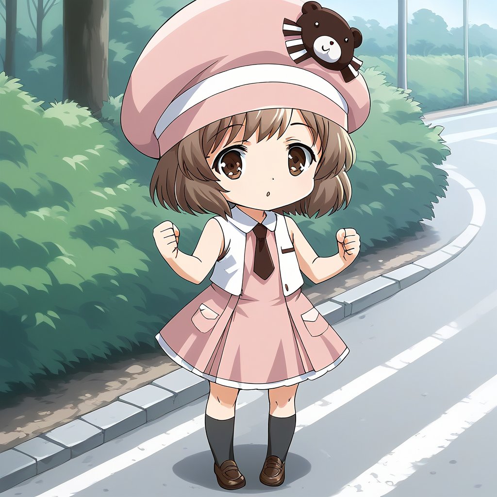 score_9, score_8_up, score_7_up, source_anime, rating_explicit, BREAK  <lora:Amatsuka_Sakura_Ver2.0_XL:1> AmatsukaSakura, brown hair, short hair, brown eyes, bangs, hat, chibi,1girl, solo, dress, outdoors, sleeveless, socks, shoes, brown footwear, sleeveless dress, necktie, pink dress, kneehighs, black socks, pink headwear, loafers, day, looking at viewer, pleated dress, medium dress, clenched hands, full body, standing, bush, road