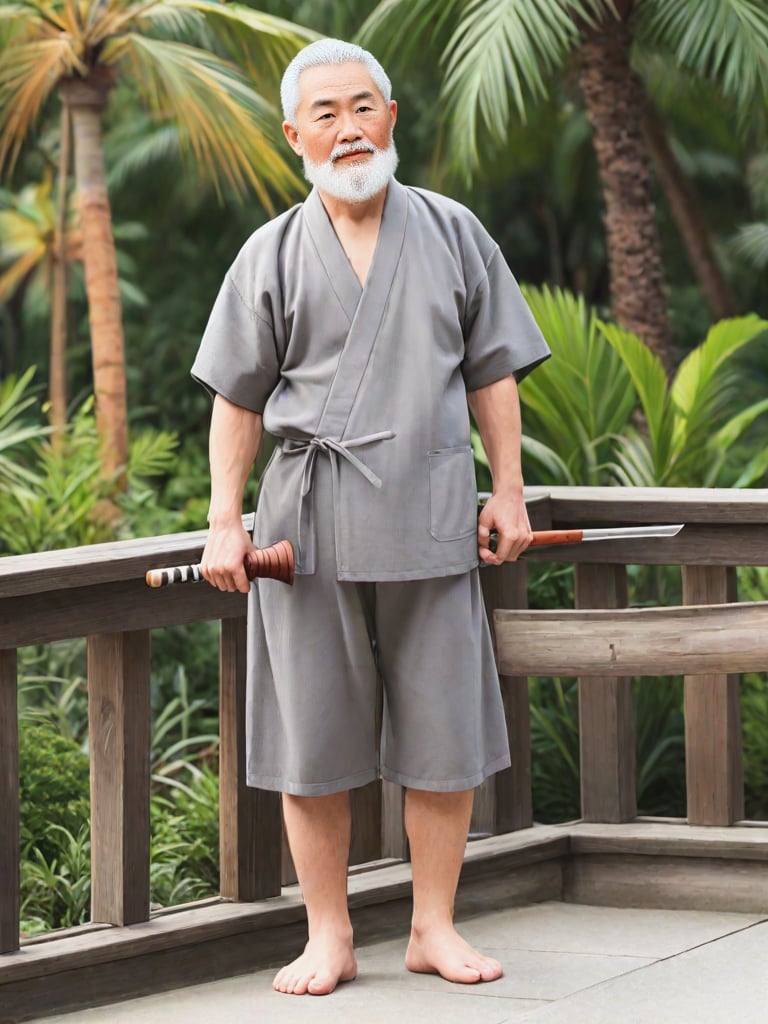 1boy, beard, fat,  male focus, fundoshi, clothing, jinbei, Japanese style clothing, , grandpa, grandpafactory, holding weapon, palm tree, realistic, white hair, male focus, railing, solo, leg hair,hannekenjinbei,<lora:hannekenjinbeixl1.0:0.7>