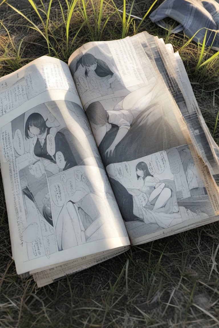 masterpiece, best quality, very aesthetic, absurdres, <lora:droppedbook:0.9> used book, abandoned book on grass, book focus,detailed book, adult book,