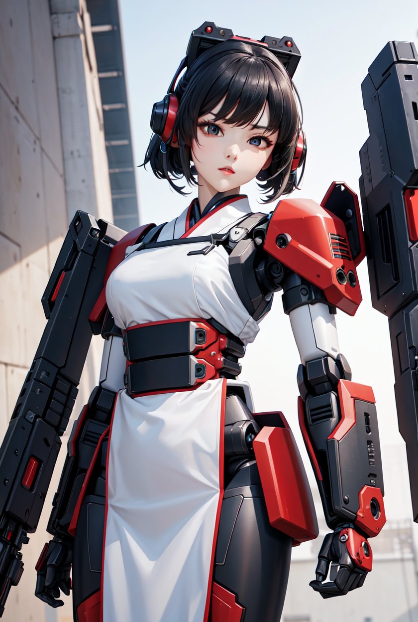 best quality, high_resolution, distinct_image, detailed background ,hanbok,fused robot,girl,holding weapon,mecha musume:0.5, in factory,exoskeleton, 