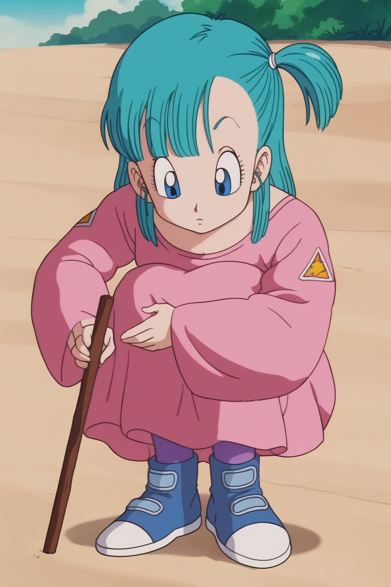 source_anime, score_9, score_8_up, score_7_up, anime screencap, bulma \(dragonball\), 1girl, knees to chest, solo, drawing, holding stick, pajamas, collarbone, blue eyes, looking down, boots, blue footwear, dress, aqua hair, full body, outdoors, sky, day, socks, tree, one side up, squatting, pink dress, oversized clothes, purple_legwear, eyebrows, eyelashes, sand, beach, from above, <lora:bulma_pony_v1:0.8>