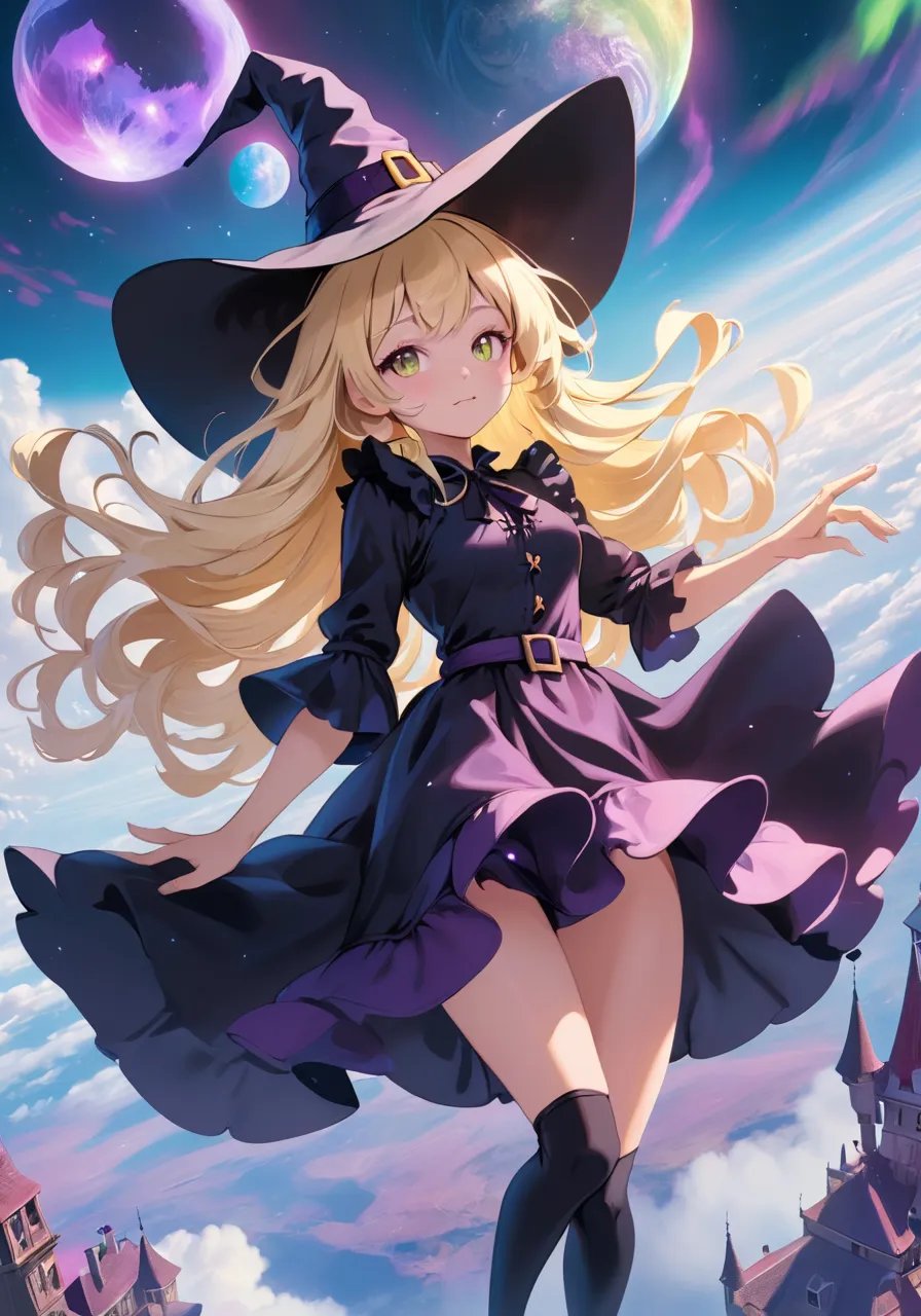 highres,best quality,natural,A psychedelic world spreads out below,Witch girl floating in the sky Wearing a witch hat Frilled fantasy costume Blonde straight hair